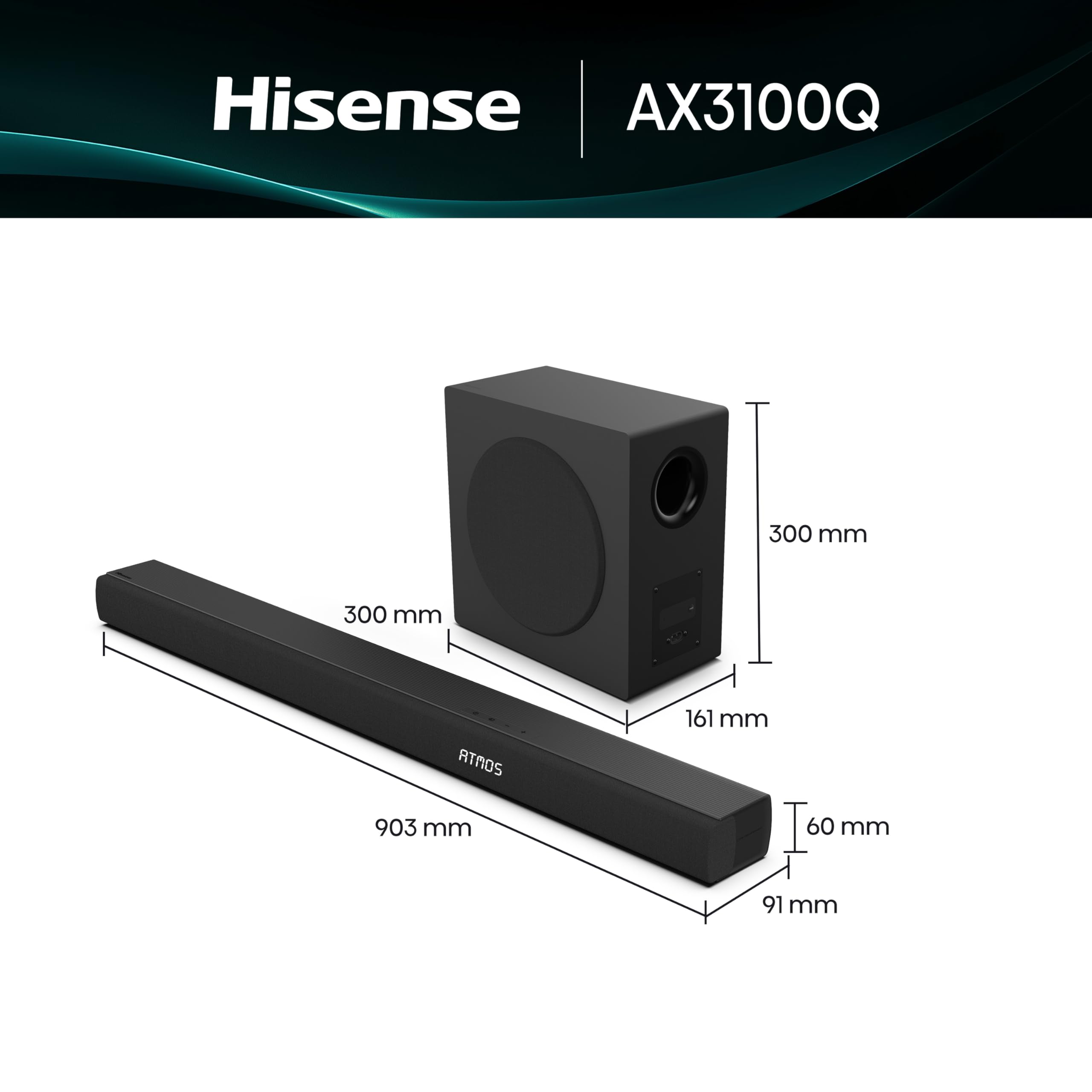 Hisense AX3100Q - Altavoz de Barra de Sonido, 3,1 Canales, 500 W, Dolby Atmos, DTS:X, Bluetooth, diseño Compacto, HDMI, Pure Surround