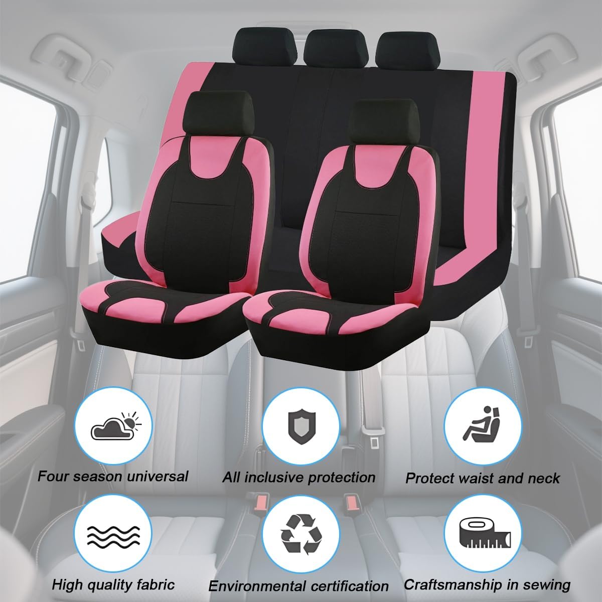 Osilly Car Seat Cover Full Set, Breathable Soft Vehicle Front and Rear Split Bench Protector, Comfortable Auto Interior Seat Protection Cover, Universal for Truck SUV Van Sedan (Pink/Black)