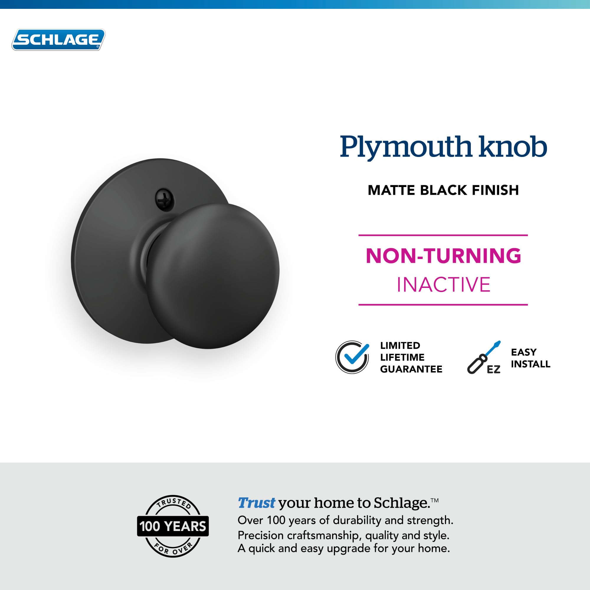 Schlage F170 PLY 622 Plymouth Door Knob, One Sided Non-Turning