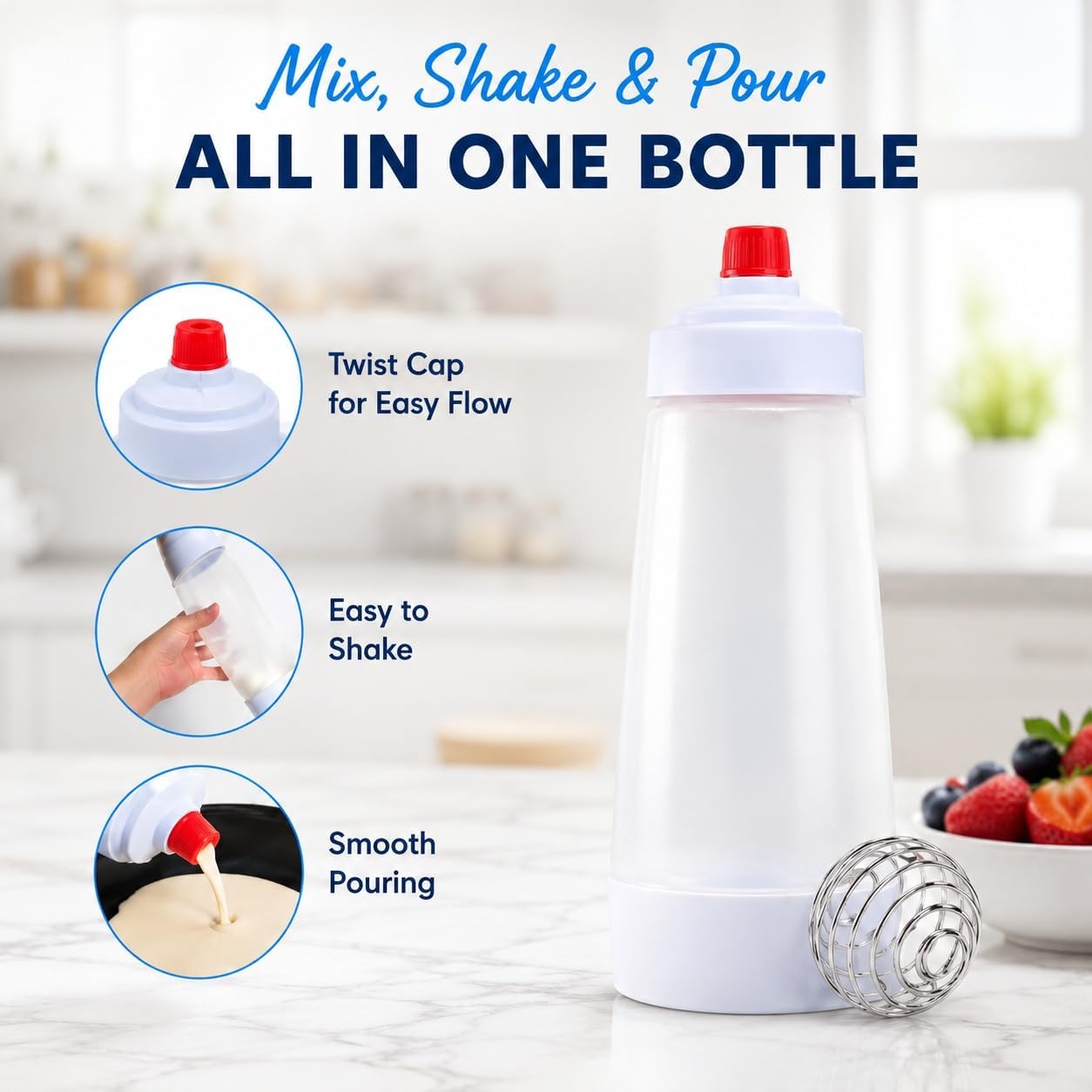 2 Pcs Pancake Batter Dispenser with Mixing Ball – 1000ml Easy Pour Pancake Squeeze Bottle with Stainless Steel Wire Whisk Ball for Cupcakes, Waffles, Muffins & Kitchen Baking Tool