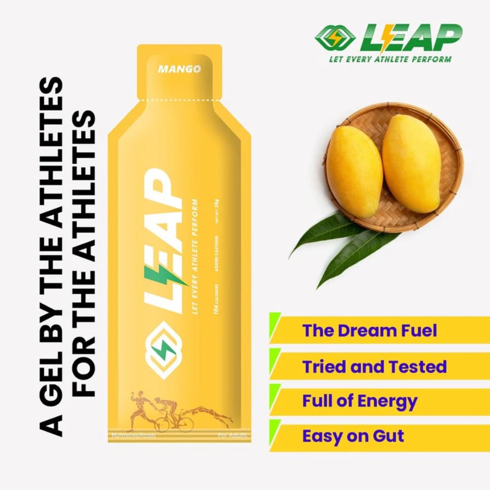 LEAP Energy Gel for Athletes | Fast Absorbing Sports Gel for Running, Cycling & Marathon | Natural Ingredients, Amino Acids, MCT Oil | Energy Gel with Caffeine| Flavor Mango| Pack of 5 Sachets — Amazon image 5