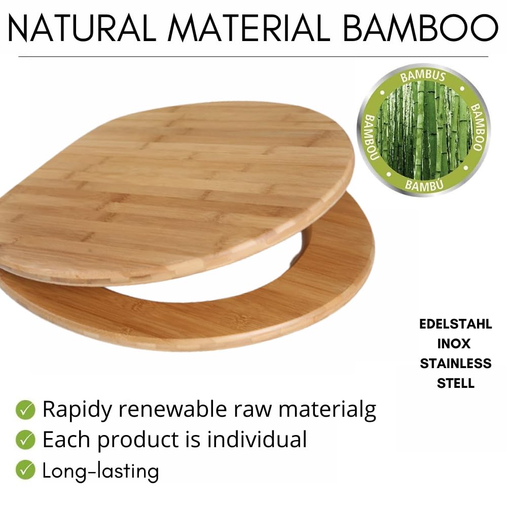 Schläfer 4637153 | Sedile Copriwater Universale Bambus con chiusura Softclose wc Automatica, Tavoletta Bamboo in Legno con Cerniere Regolabili, Copri Wc in Vero Bambù Forma Ovale.