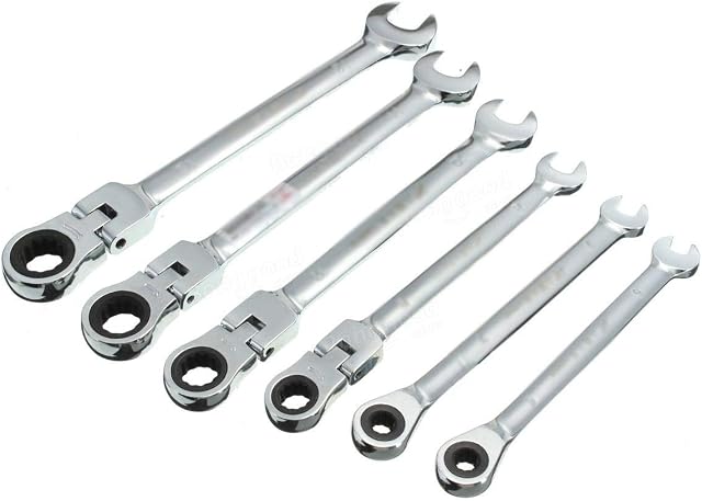 Flexible Pivoting Head Ratchet Combination Spanner Wrench Garage Metric Tool for Easy Access and Turning of Hard to Reach Bolts (6mm 7mm 8mm 10mm 11mm 12mm) (6mm)