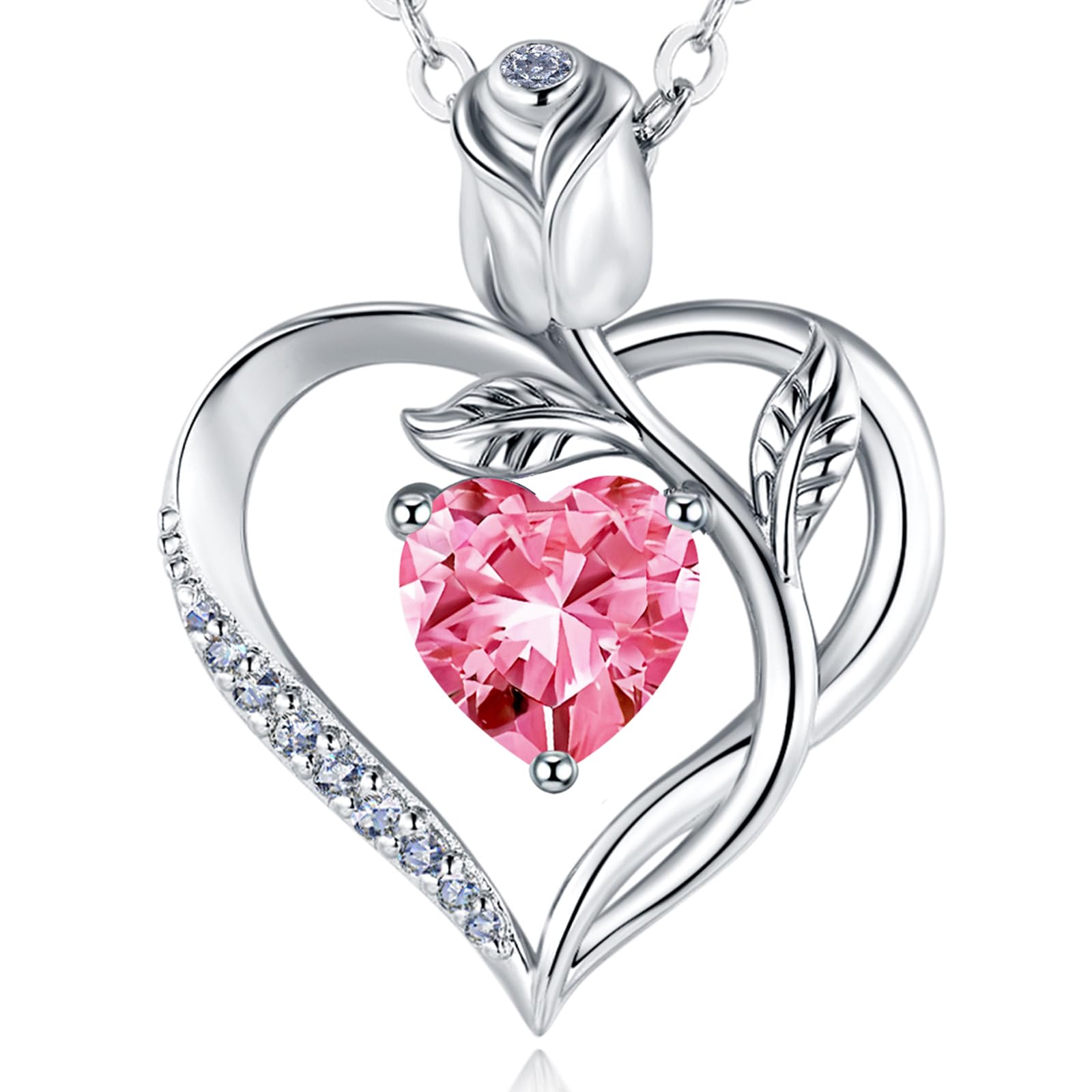 Damen Geburtsstein Halskette 925er Silber, Herzrose Anhänger.