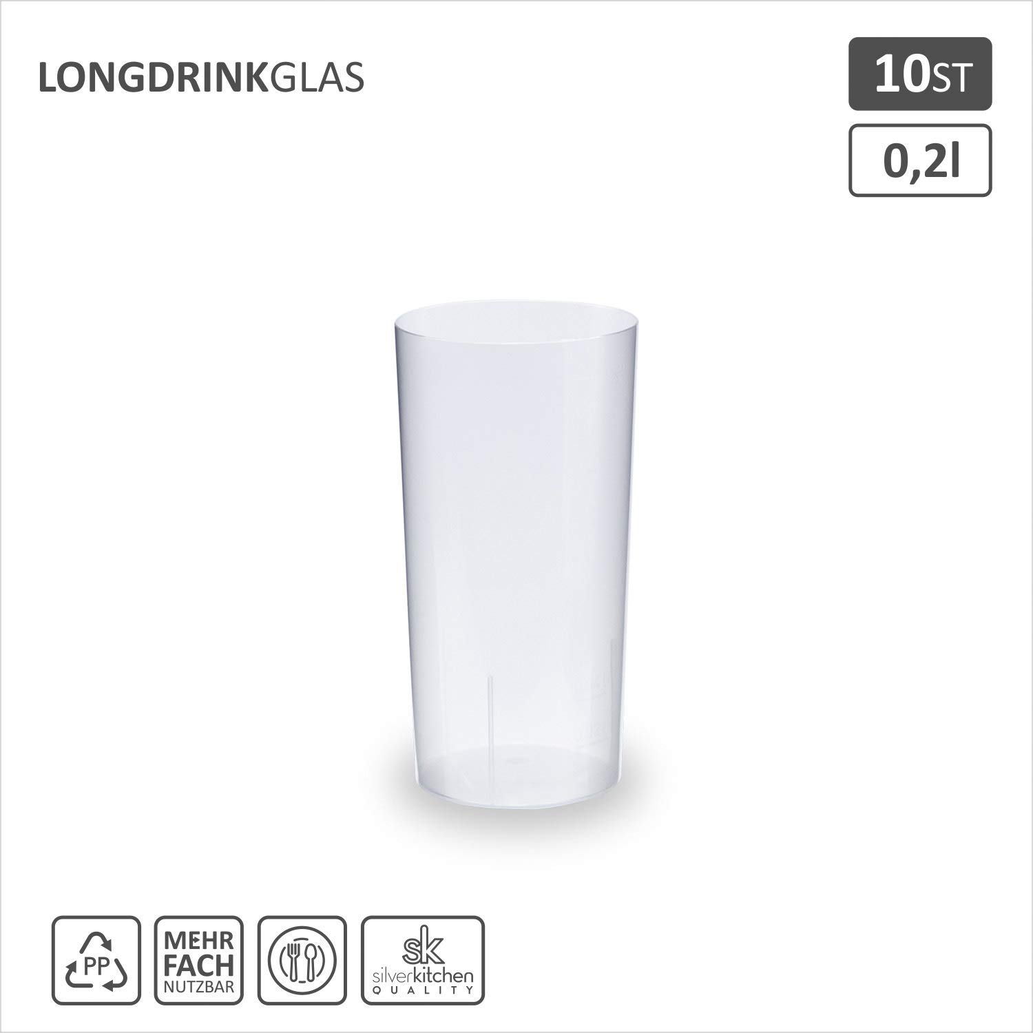 100x Longdrinkglas 200ml transparent glasklar aus PP Made In Germany Plastik Cocktail Becher Mehrweg Bruchsichere Mehrwegbecher Wiederverwendbar Grillfest Catering