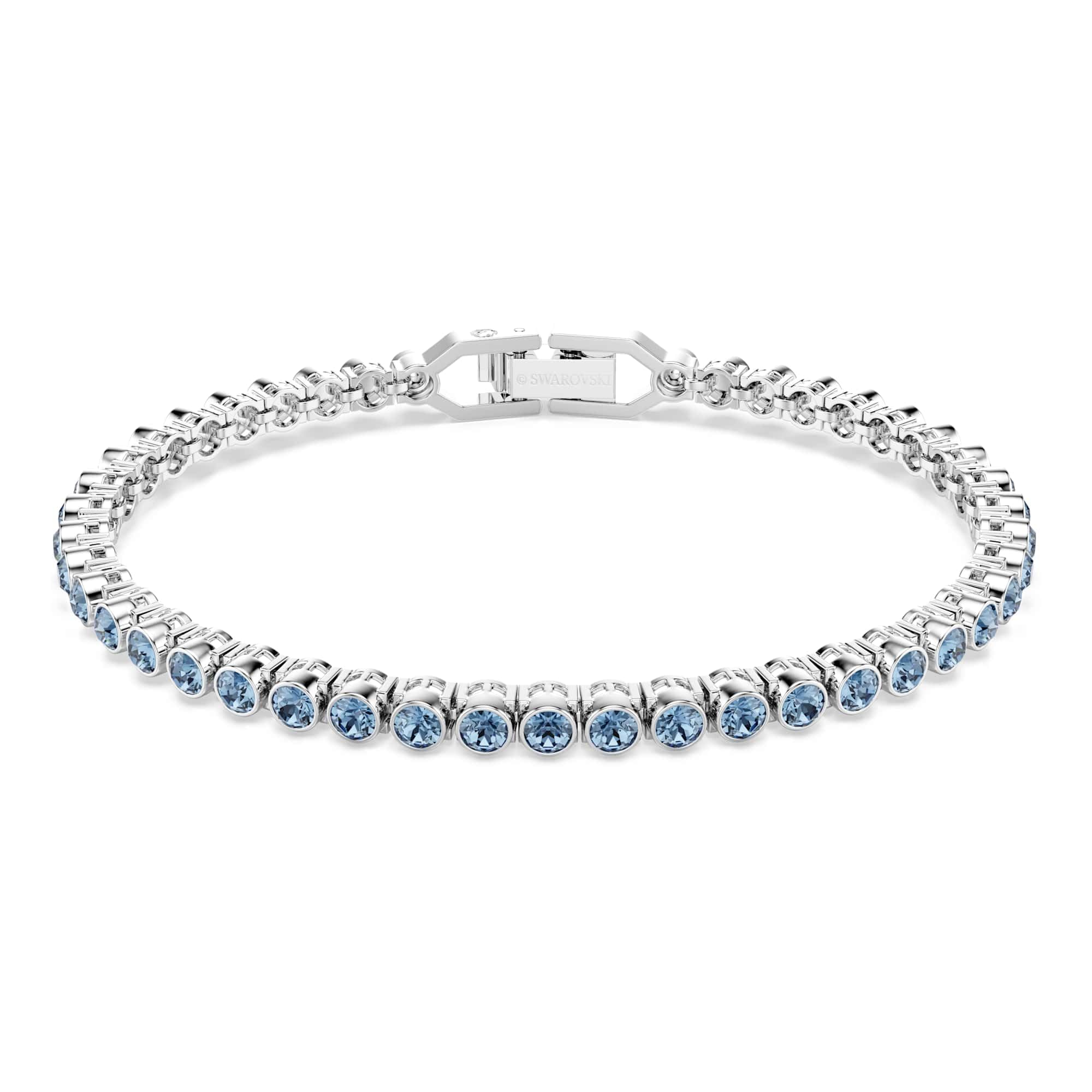 Swarovski Imber Bracciale Tennis, Gioiello con Cristalli Blu, Taglio Round, Montatura a Castone, Chiusura a Scomparsa con Extender, Placcatura in Tonalità Rodio, 16,5-18,5 cm, 0,3 cm
