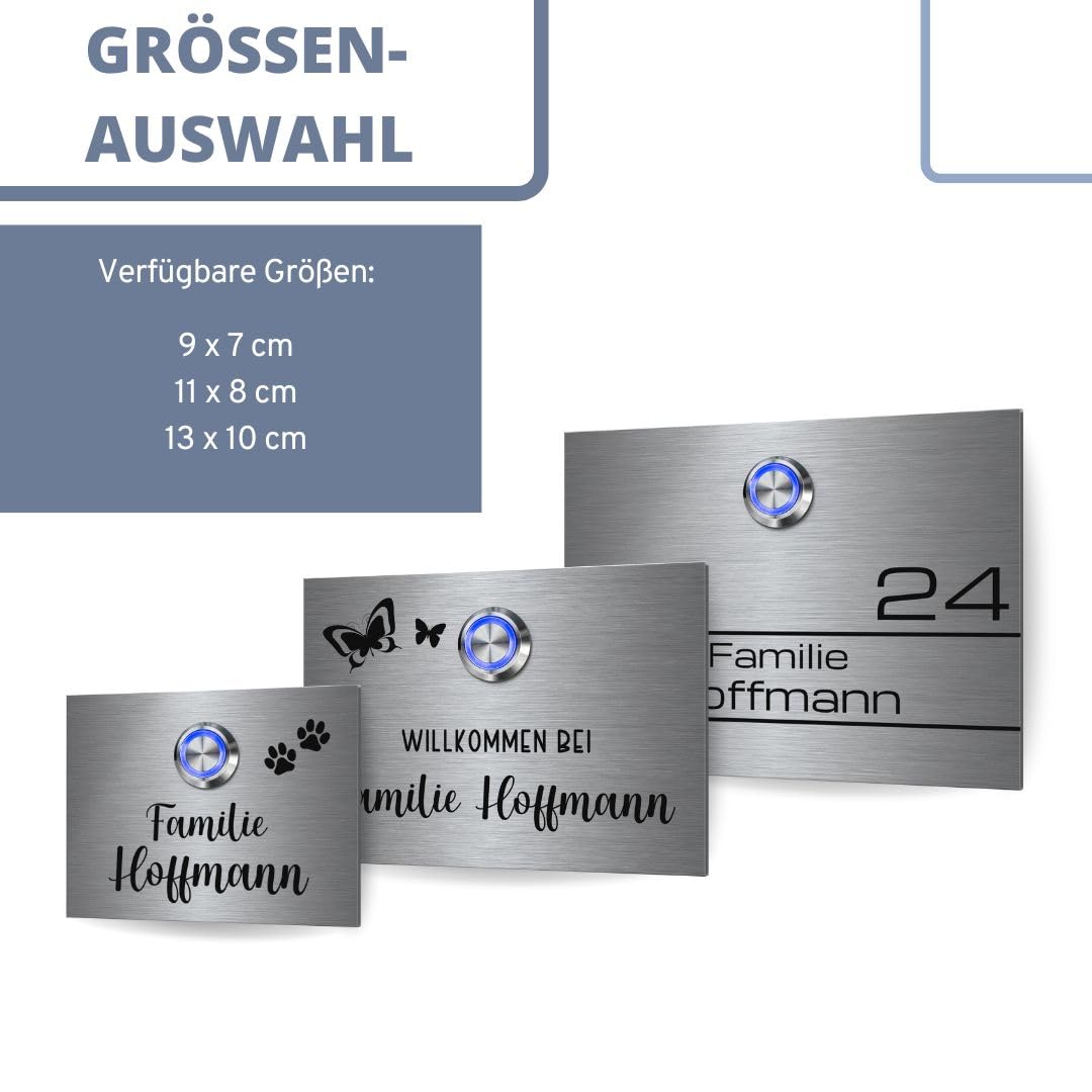 Edelstahl Klingelschild mit indivudeller Gravur und Motiven - Modell Hoffmann ab 9x7 cm | langlebige Türklingel aus rostfreiem V2A-Edelstahl mit beleuchtetem Klingelknopf und optionalem Zubehör