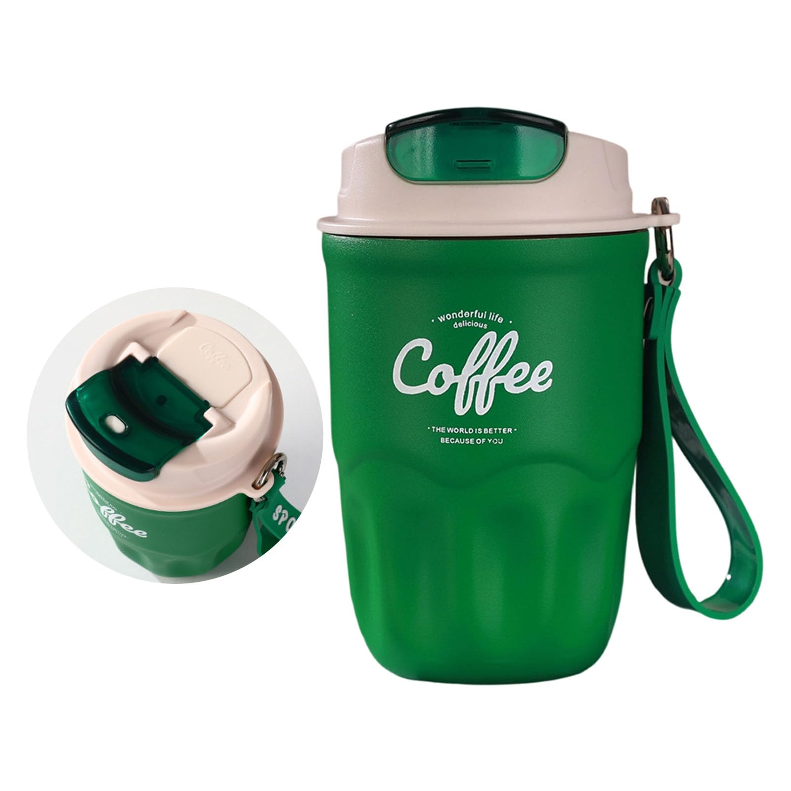 Elnwnnkc Insulated Travel Mug Stainless Steel Coffee Cup with Carry Strap, Drinking Lid and Compact Desk Drink Carry Use Compact Daily Tea Water