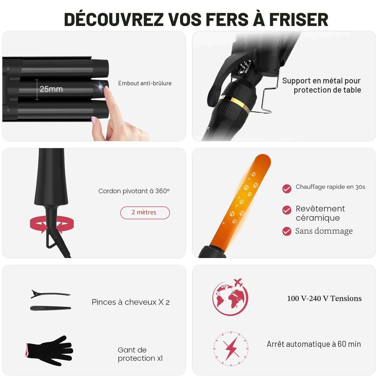 Janelove 5 en 1 Boucleur à Cheveux, 10-32mm Céramique Fer a Friser Kit avec 25mm Boucleur 3 Tete & Gants & Nylon Sac (180°C/210°C, 100-240V, Arrêt Automatique, Pour Les Voyages & Les Cadeaux) - Noir