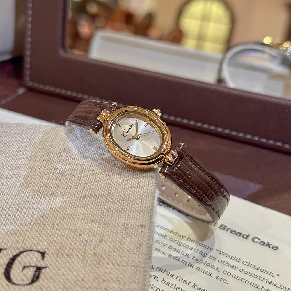 Orologio da polso da donna, alla moda, piccolo, ovale, al quarzo, vintage, con cinturino in pelle, impermeabile, di lusso, casual, marrone, nero