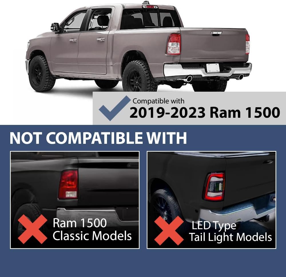 PIT66 Tail Lights Rear Light Lamp Assembly Compatible with Dodge Ram 1500 2019-2023/Not Fit Ram 1500 Classic Models and LED Type Tail Light Models Bulbs Included Pair