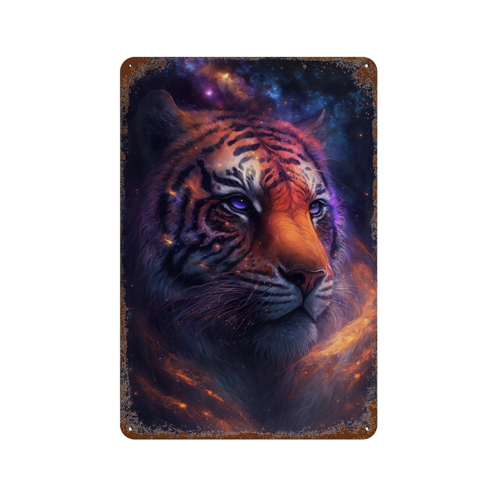 Garage Style Cosmic Tiger Portrait-10 Aged Metal Wall Plaque 11.8"x7.9", Novelty Wall Decor for Bar And Workshop