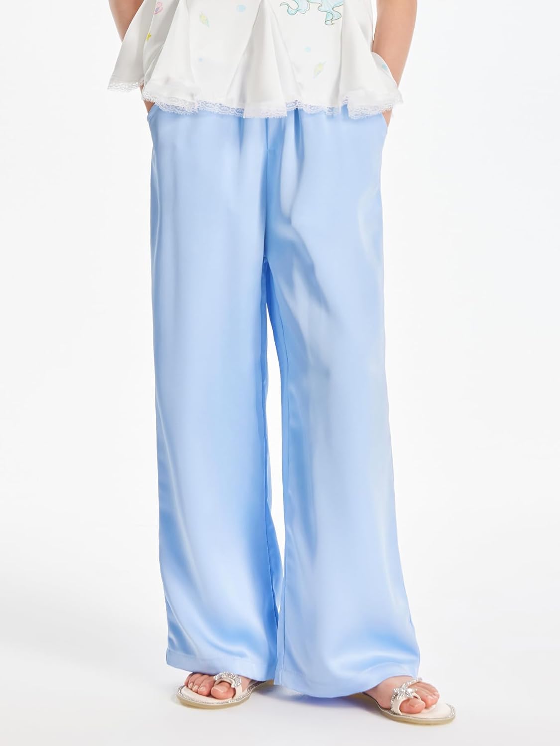 Girls Blue Wide Leg Pants Silky Satin Flowy Palazzo Cooling Loose Pants for Girls Beach Vacation Slacks for 6-16Y - Image 7