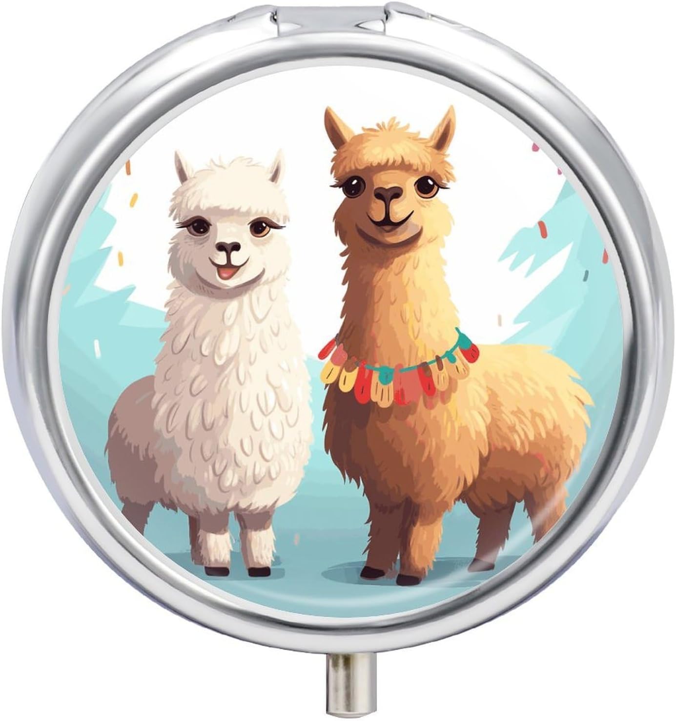 Round Daily Llama Alpaca Pill Case with 3 Compartment & Mirror