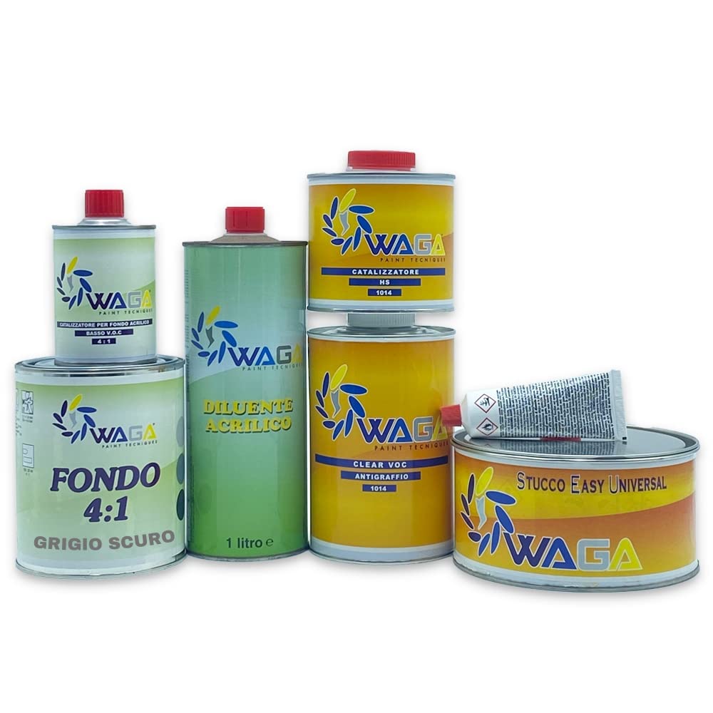 Kit Verniciatura Carrozzeria Waga Paint Tecniques - Stucco Beige 2KG + Cat, Fondo Acrilico Poliuretanico Riempitivo LT.1 Catalisi 4:1 Grigio Scuro + Cat, Trasparente AntiGraffio LT.1 + Cat, Diluente