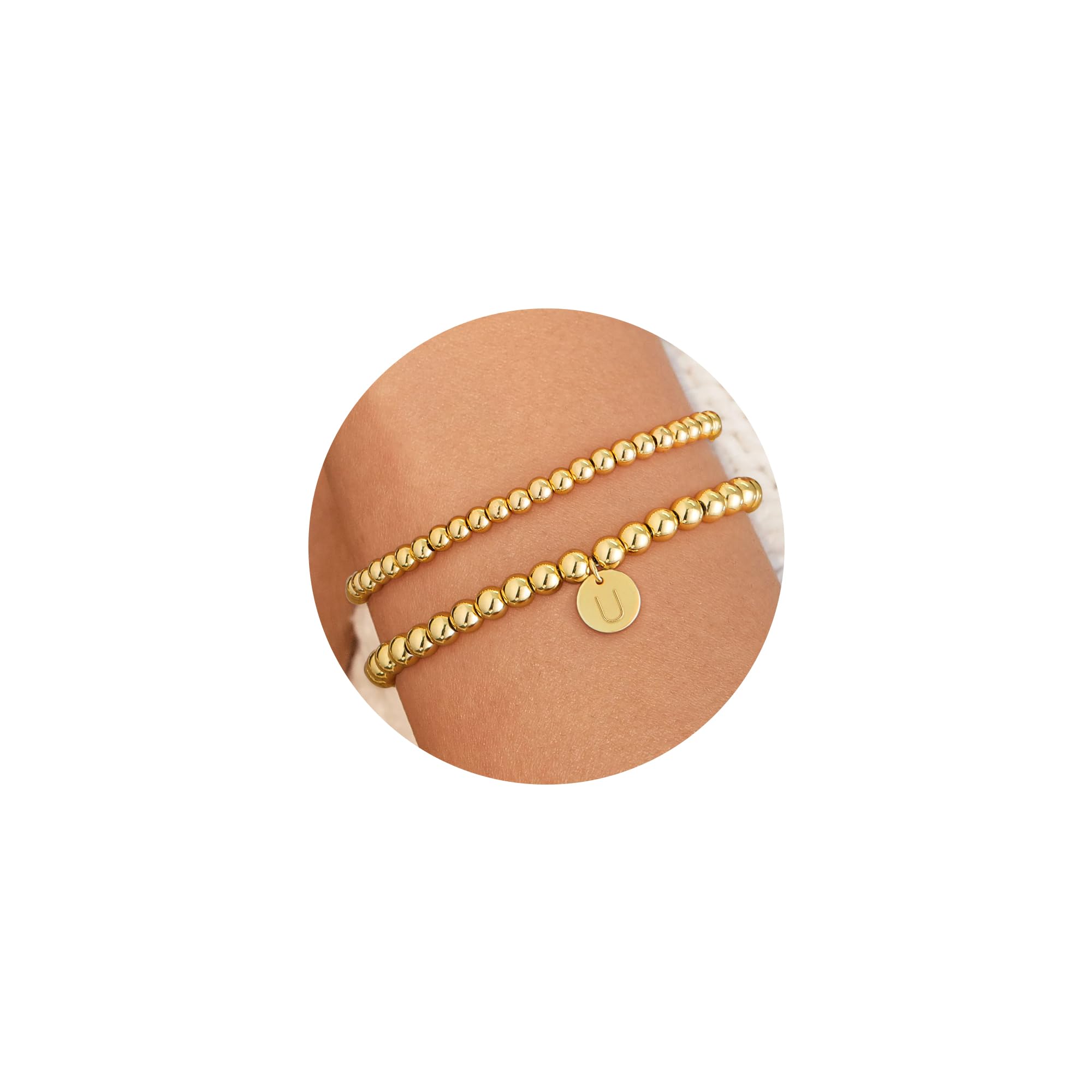 Honsny Gold Beaded Bracelet for Women 18K Gold Plated Initial Bracelets Dainty Stack Stackable Non Tarnish Bracelets Set Adjustable Letter A-Z Charm