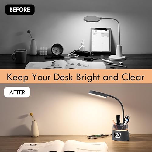 Miniatura 6 de WILIT Lámpara de escritorio LED para dormitorio universitario, lámpara de estudio para estudiantes con estación de carga, soporte para bolígrafos,