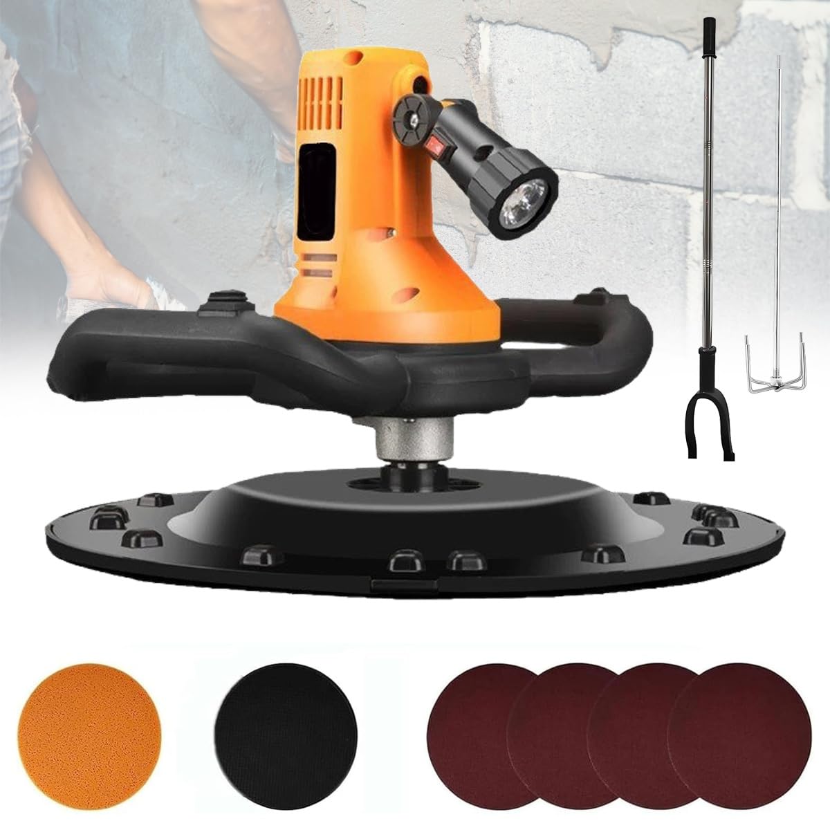 Dtweff Yellow Electric Wall Cement Smoothing Machine 1680W, 80-200Rpm Electric Plaster Mortar Cement Putty Trowel With Led And Mixing Rod Full Copper Body For Smoothing And Polishing Walls(Yellow)