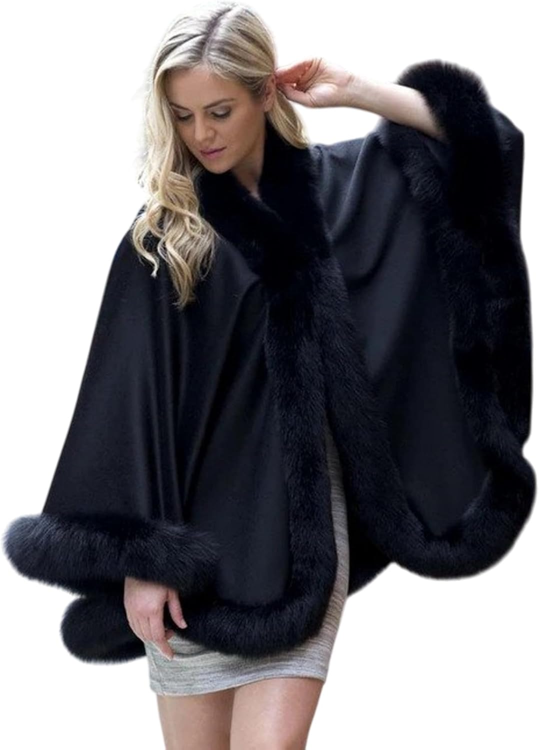 Womens Cape Coat-Luxury Cashmere Ponchos for Women with Fox Fur Trim-poncho-cape-capelet-shrug-blanket-ruana-coat