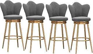 Modern Bar Stools Set of 4-360° Swivel Upholstered Dining Chairs for Kitchen Island with Back and Gold Legs - 75cm Height, Grey Finish