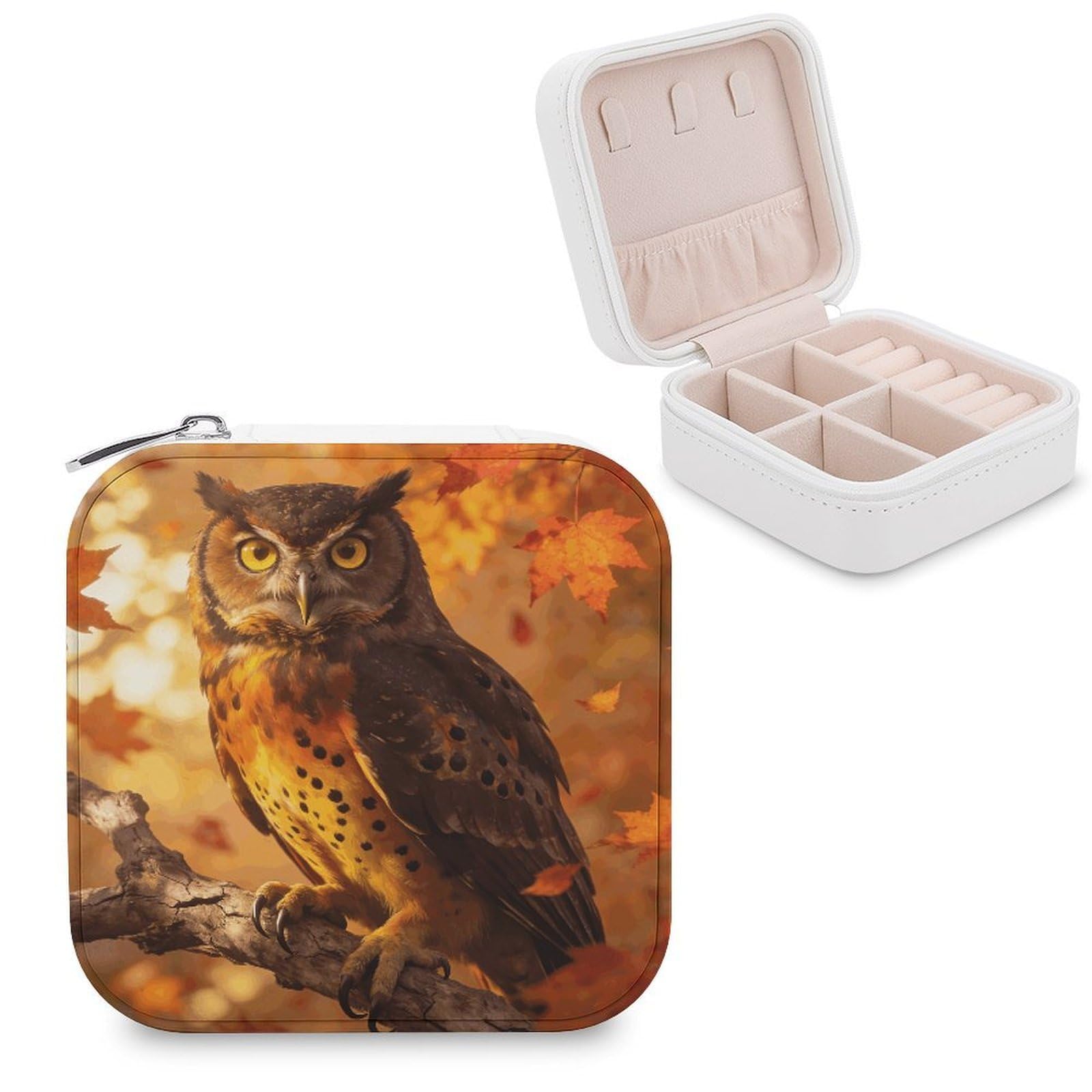 LZQPOEAS Fall Owl Jewelry Box, PU Patterned Storage Case, Portable Travel Jewelry Organizer Box for Storing Rings, Pendants, Earrings, Necklaces, And Women's Specialized