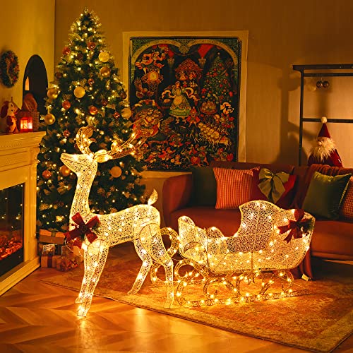 COSTWAY Light Up Reindeer Sleigh, Garden Christmas Figure Decorations with 100/215/280 Warm White LED Lights, Pre-Lit Xmas Ornament for Indoor and Outdoor (185 x 50 x 125 cm, with 215 Lights) - Image 7