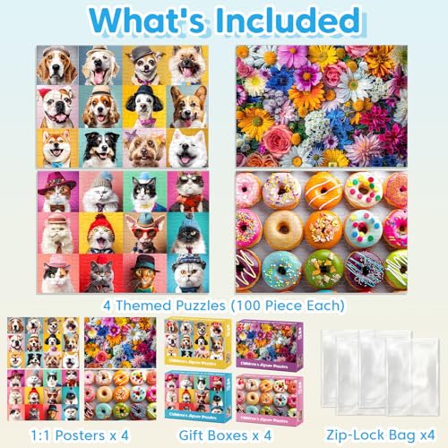 Jeacirio 100 Piece Puzzles for Kids Ages 4-8 - Dogs Flowers Donuts Cats Puzzles - Large Puzzle for Senior Jigsaw Puzzle for Kids Ages 4-6 6-8 8-10 Year Old Educational Toys Gifts 4-Pack 15