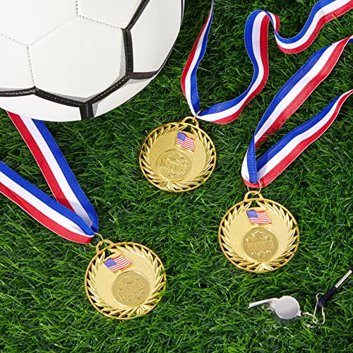 Juvale 12-Pack Gold Winner Medals For All Ages, Participation Awards With American Flag, 15.5-Inch Red, White, And Blue Ribbon For Sports, Tournaments, Competitions, Heavy-Duty (Metal, 2.75 In) #TOP3
