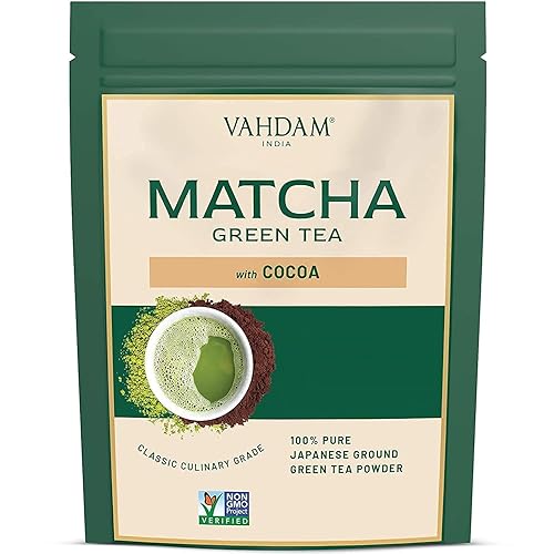 VAHDAM Té verde matcha de cacao orgánico Matcha japonesa 100 puro con cacao rico Delicioso matcha de Japón Sin gluten vegano 106 onzas 15 tazas
