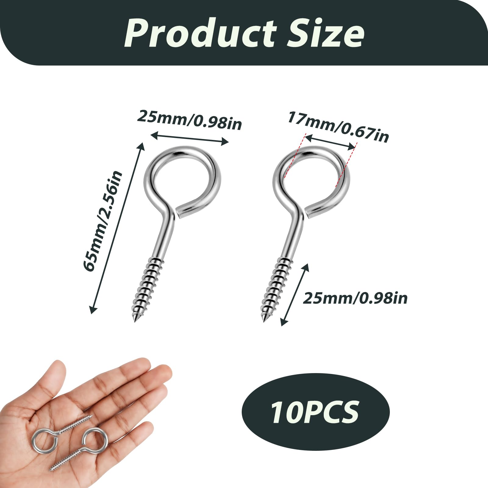 10 Pcs Eye Hooks Screw, 2.5 Inch Eye Screws Eyelet Screws Stainless Steel Heavy Duty Bolts, Rust & Corrosion Resistant - Image 2