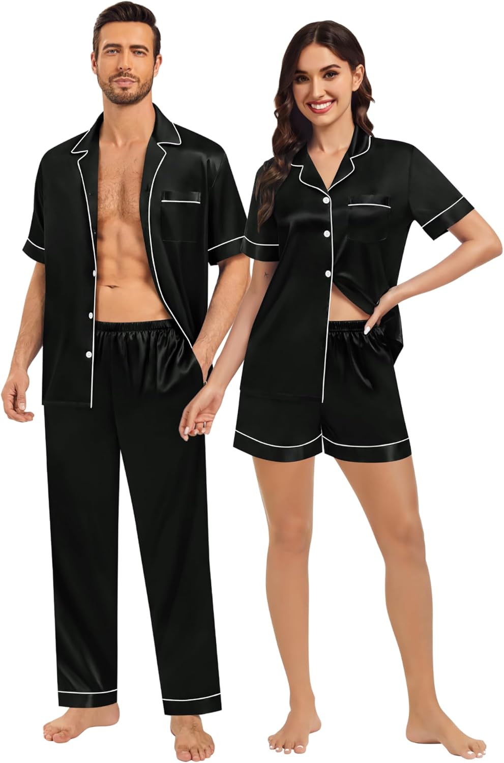 SWOMOG Matching Pajamas for Couples Satin Short Sleeve Sleepwear Women/Men Silk Soft Button Down Nightwear 2 Pcs Loungewear