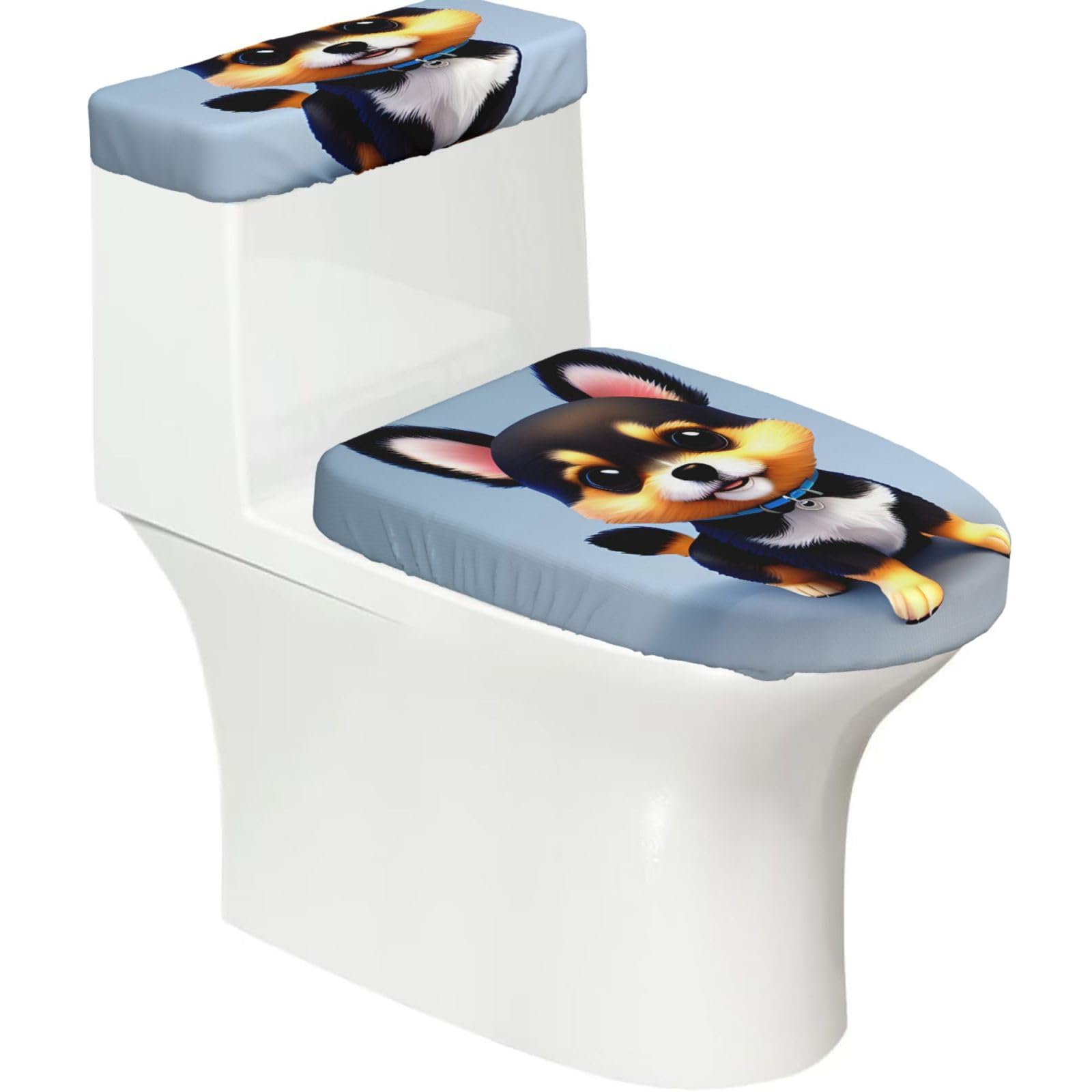 Card Love Fancy Puppy Elastic Toilet Cover Set of 2-Stretchy Lid and Tank Covers for Bathroom, Soft Washable U Shape Toilet Decor