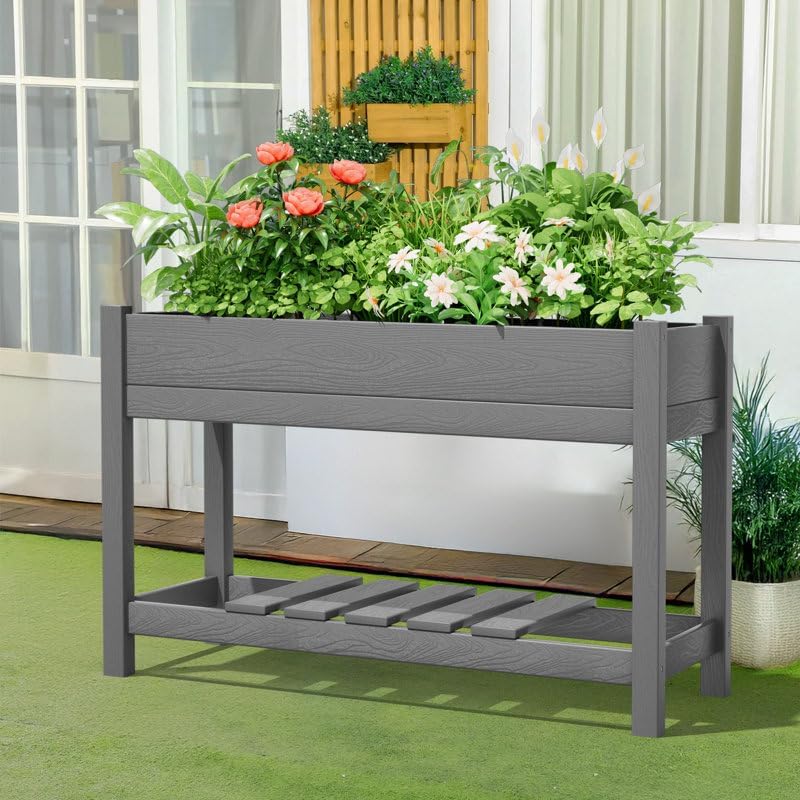 45" HDPE Double-Layer Elevated Garden Bed, Raised Planter Box for Outdoor Patio, Minimizes Bending for Easy Gardening,Gray