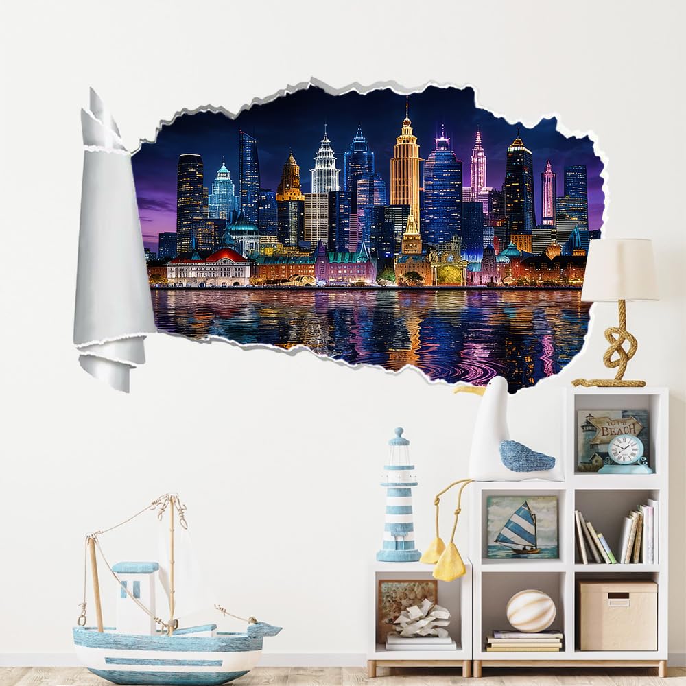 3D Wandtattoos Durchbruch Wandbild Stadtsilhouette Kinderzimmer Aufkleber Wandaufkleber Nachtansicht Wandsticker für Kinderzimmer Junge Zimmer Wohnzimmer Schlafzimmer
