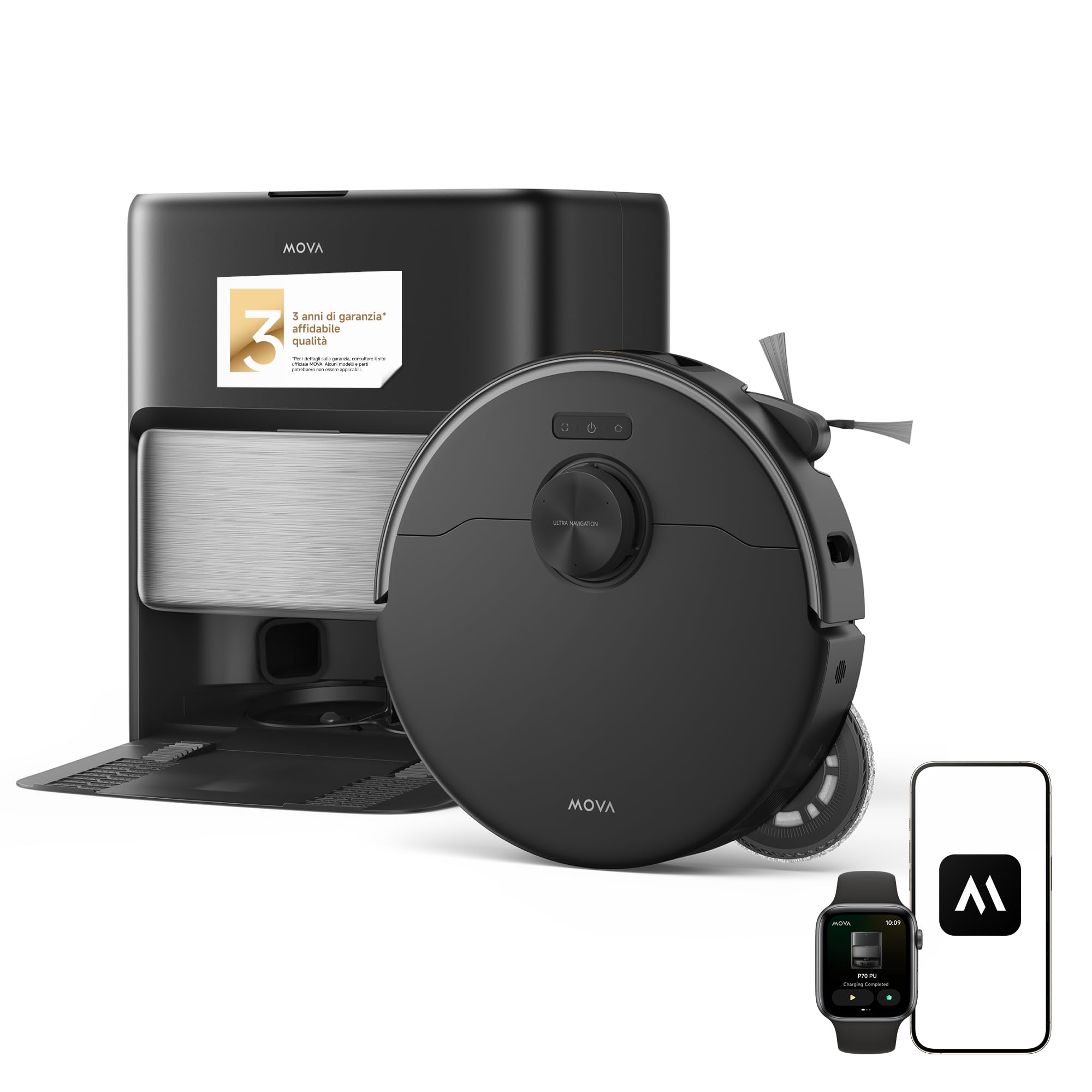 Mova P70 Pro Ultra Robot Aspirapolvere, 30.000 Pa, Motore 260 giri/min, Pressione Verso il basso 12 N, Spazzola Laterale e Mocio Flessibili ed Estensibili, Pannello di Asciugatura PTC JetSpray 100 °C