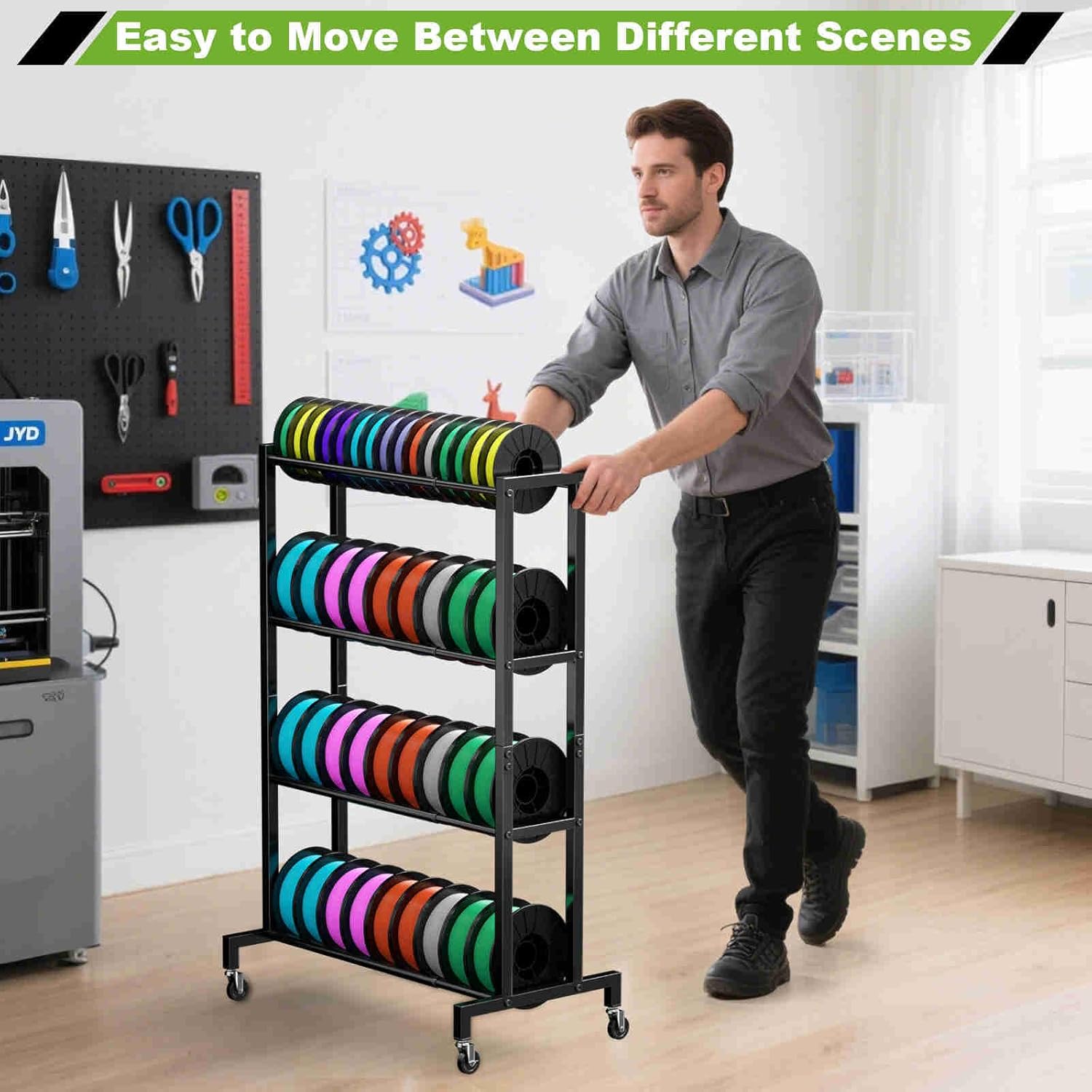 3D Printer Filament Storage Rack Stand, Rolling Filament Spool Holder Cart with Wheels, 4 Tier Expandable Heavy Duty Metal Shelf for 3D Printing Studio Workshop,1pcs Stand Only
