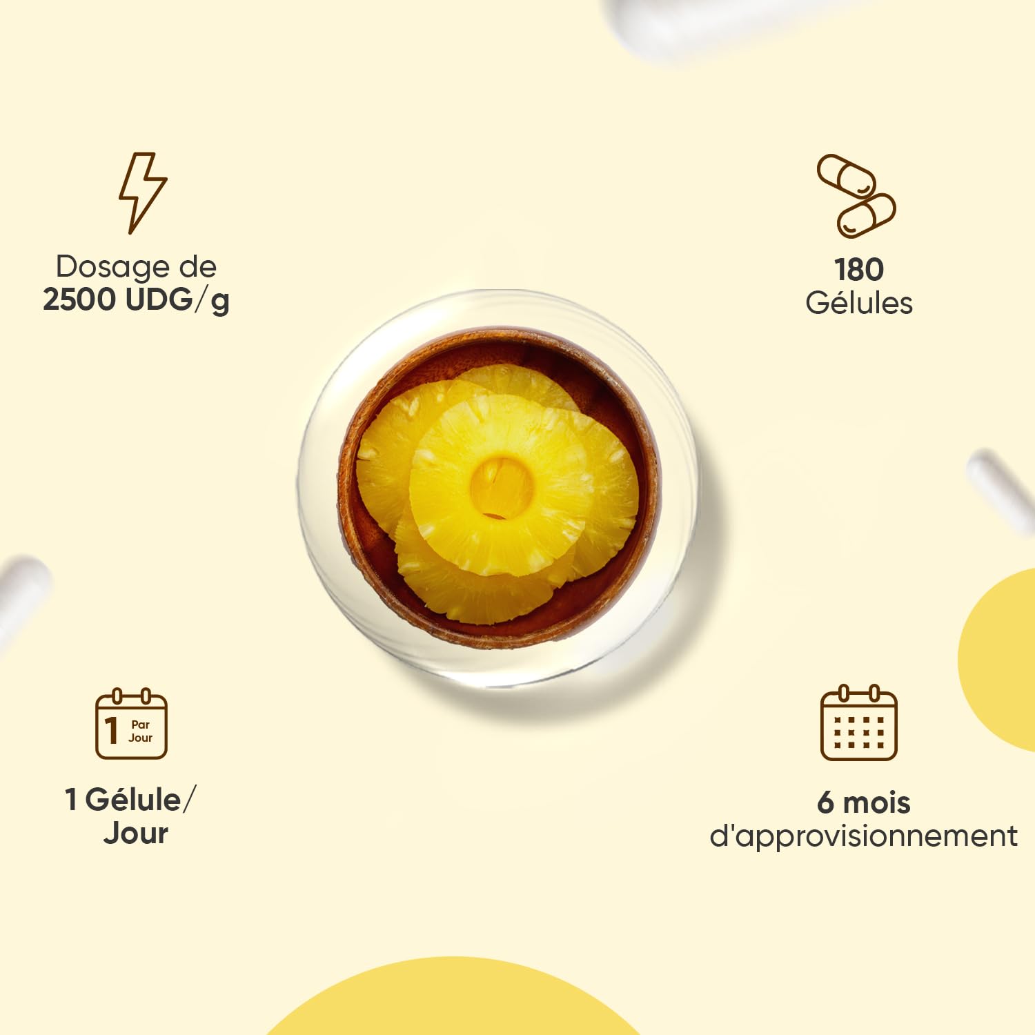 Bromelaine Gélules 650 mg (2500 UDG/g), 180 Gélules, 6 Mois d'Apport, avec Enzymes Digestives Dérivée de la Tige d'Ananas, Source de Manganèse, Cuivre, Vitamine C - Vegan & sans Stéarate de Magnésium