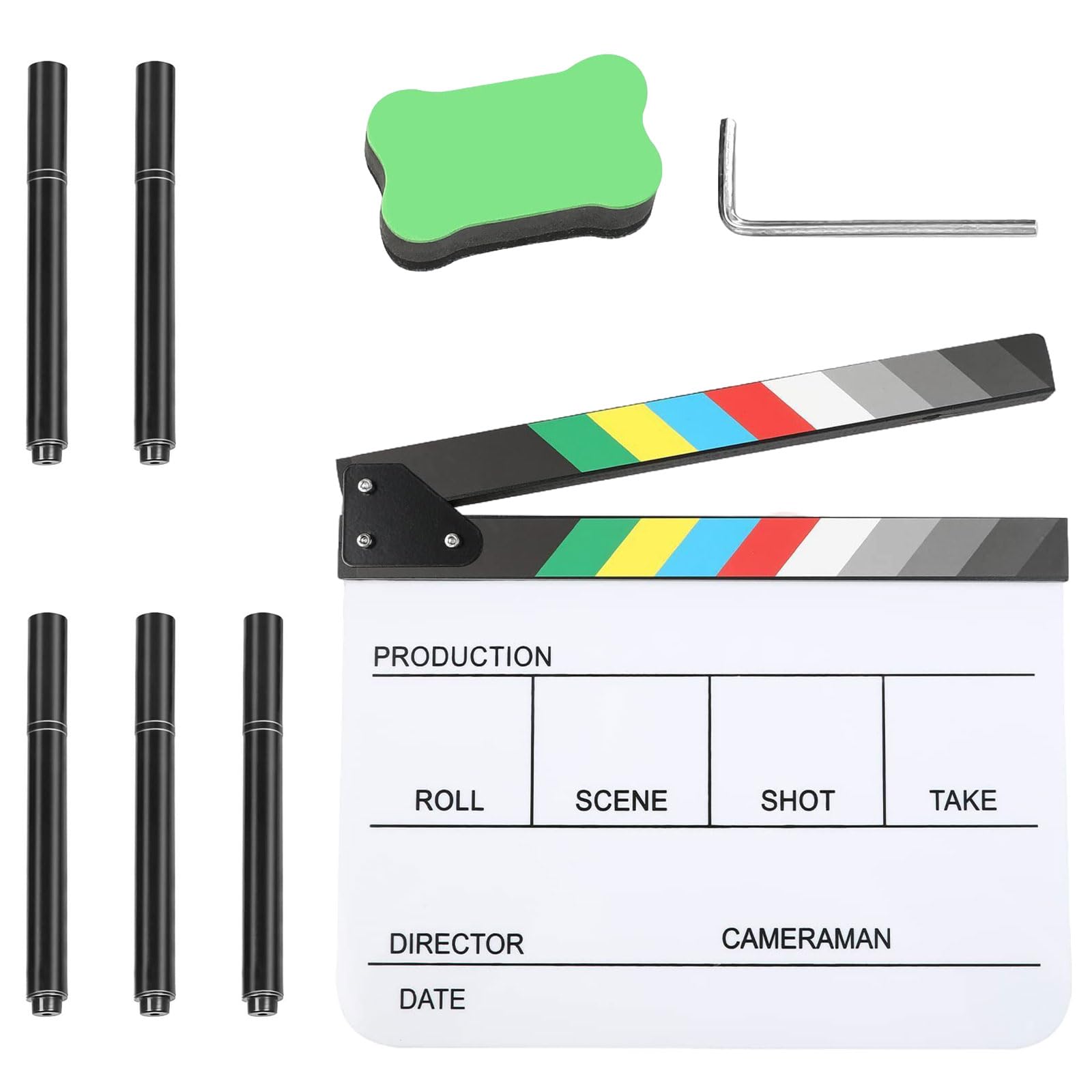 Clap de Cinéma 30 x 25cm,Acrylique Film Clapper,avec effaceur magnétique,2 stylos,Clap Cinéma pour Tournage Film,Tournage Vidéo,Blanc