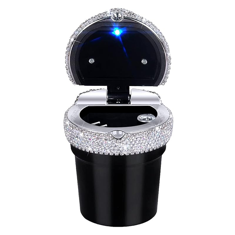 Cinzeiro automotivo portátil eing com tampa, LED azul, acabamento com strass e encaixe para porta-copos, preto e branco, 1 unidade