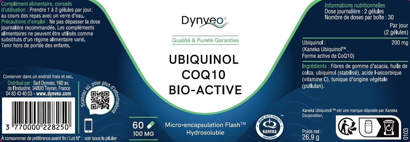 Ubiquinol Coenzyme Q10 Kaneka™ - Antioxydant Énergie cellulaire Métabolisme - Forme Bioactive & Stable - Haute Biodisponibilité - 60 Gélules Vegan (2mois) - Sans Additifs - Dynveo