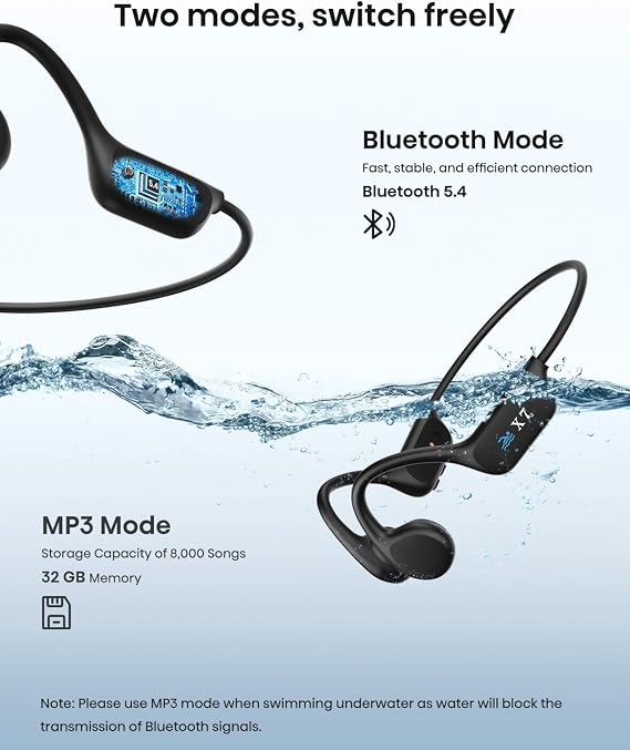 Yüzme kulaklıkları-kemik iletimli kulaklık, IP68 su geçirmez dahili MP3 çalar 32G bellek, kablosuz açık kulaklık, Bluetooth 5.3, koşu, bisiklet, su altı yüzme kulaklığı (siyah)