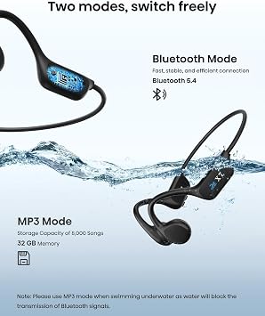 Yüzme kulaklıkları-kemik iletimli kulaklık, IP68 su geçirmez dahili MP3 çalar 32G bellek, kablosuz açık kulaklık, Bluetooth 5.3, koşu, bisiklet, su altı yüzme kulaklığı (siyah)