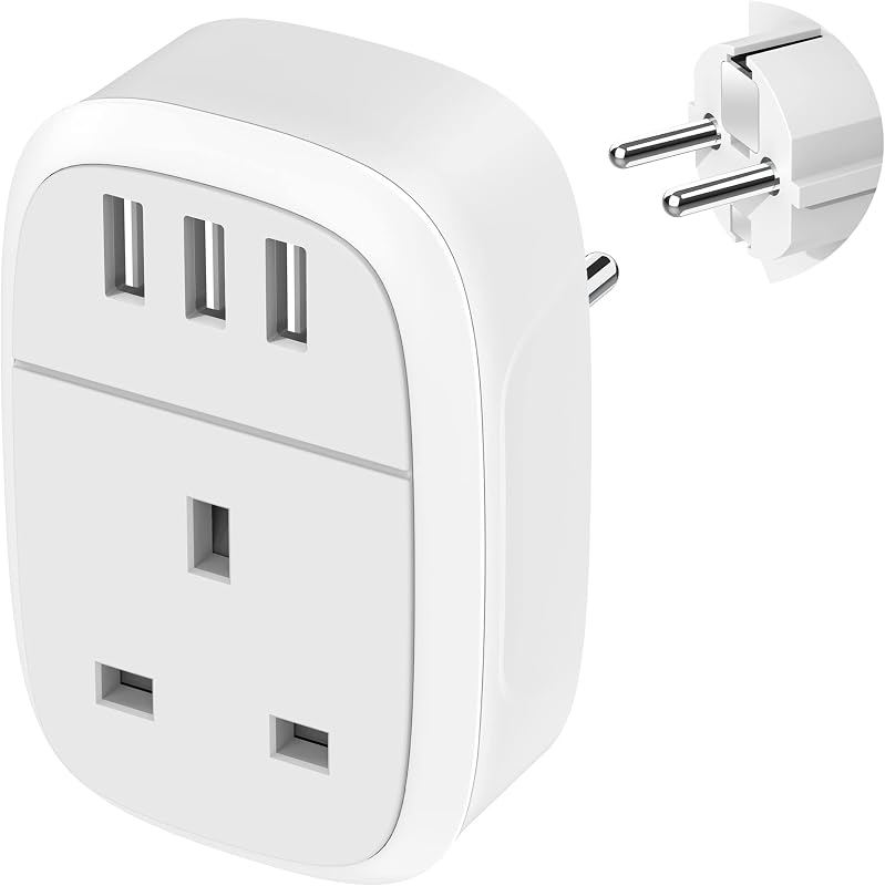 UK to European Adapter Plug, UK to EU Euro Europe Travel Adaptor with 3 USB Port, Grounded Schuko Charger for Germany France Spain Iceland Greece Poland Netherlands Austria Turkey (Type E/F) Jmfufnv