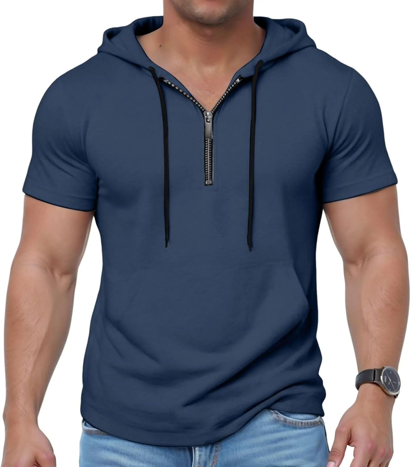 Men's Short Sleeve Hooded Sweatshirt Half Zip Drawstring Loose Fit Fitness Top