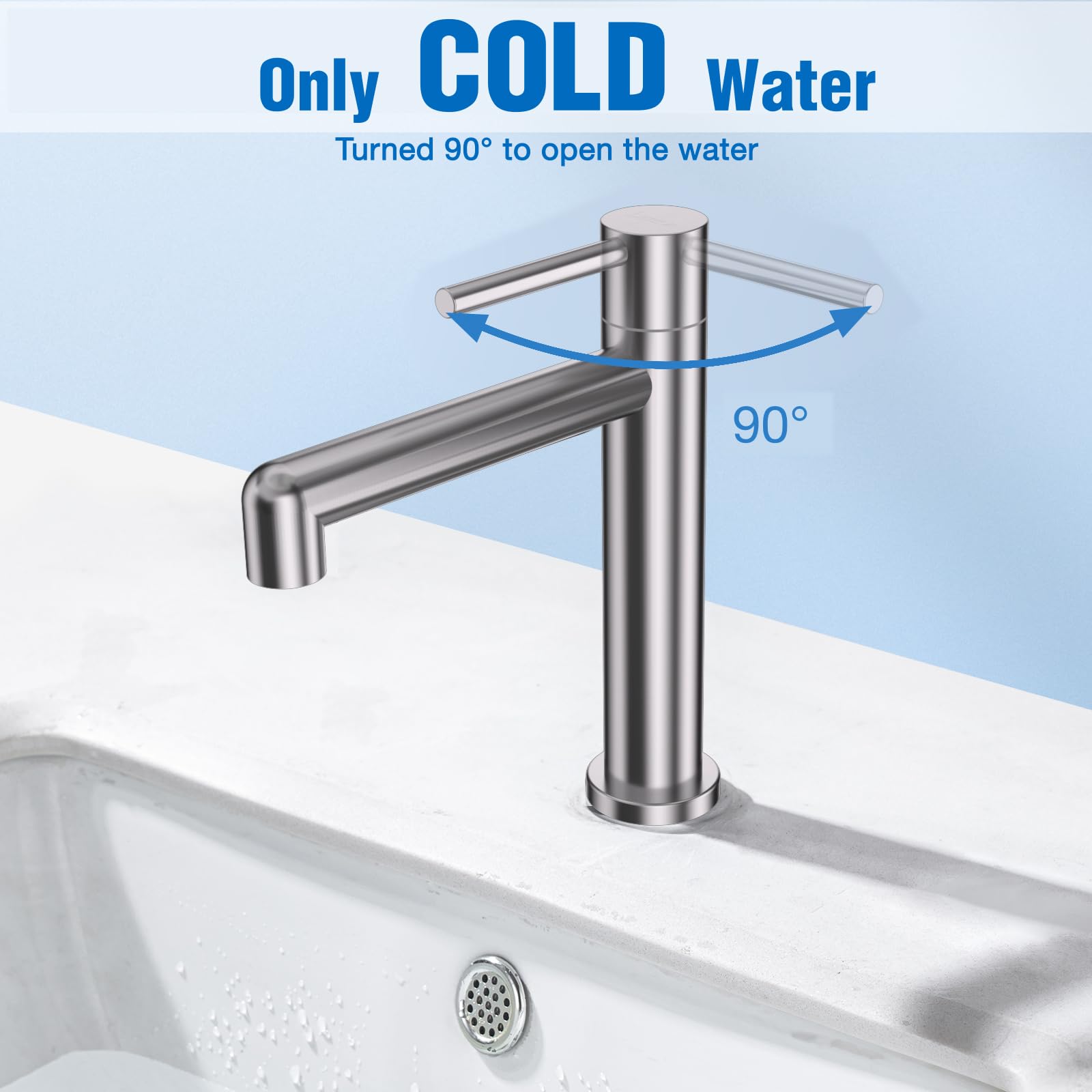 DETBOM - Robinet Eau Froide Pour Lavabo, Acier Inoxydable Argenté, Bec Haut Avec Aérateur Amovible