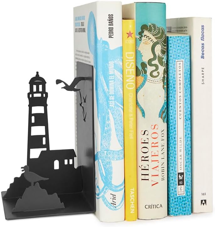Balvi Lighthouse Bookends Black Colour Classic Coastal View: Lighthouse and Seagulls Metal