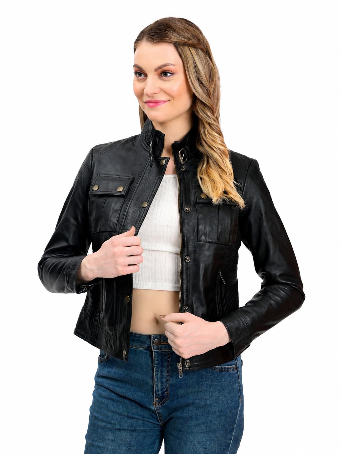 Sekhmet Women's Genuine Sheepskin Leather Jacket | Military Cafe Racer Style with Flap Chest Pockets-picture-21
