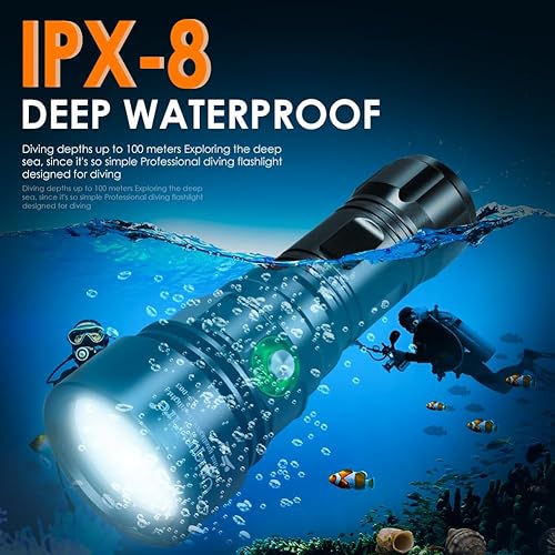 Miniatura 6 de UniqueFire D03 buceo luz recargable IPX8 impermeable, 1500 lúmenes Super brillante submarino buceo linterna 4 modos noche buceo antorcha 328.1 ft