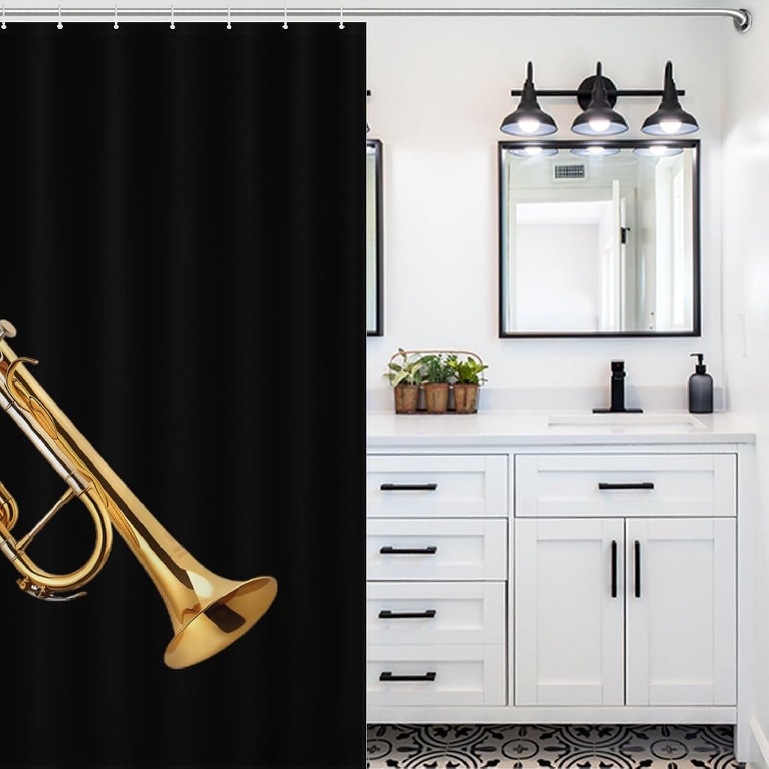 Gold Trombone Funny Shower Curtains Washable Bath Curtain Liner with Hooks for Bathroom Bath Tubs