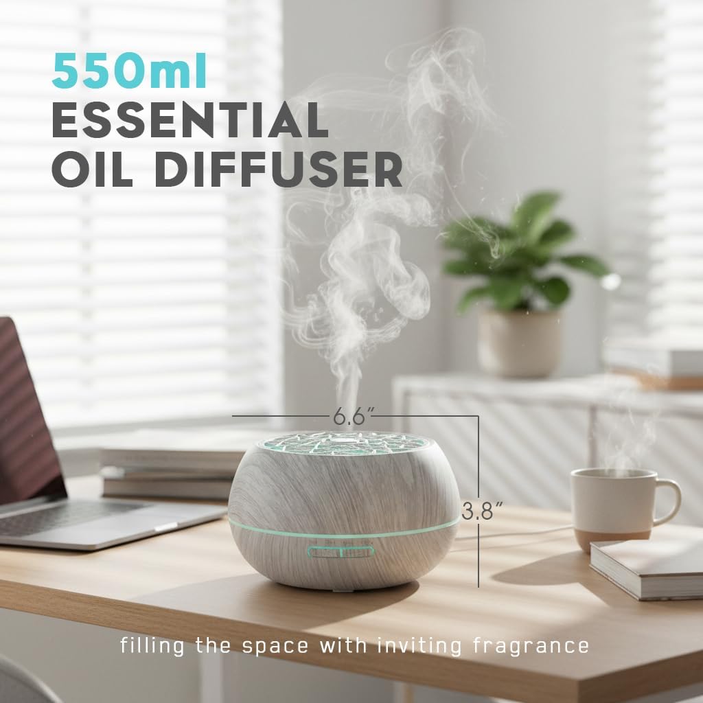 550ml Large Capacity Essential Oil Diffuser 6 Essentil Oil Set Aromatherapy Ultrasonic Air Humidifier with Timer and 7 Color LED Night Light Remote Control Waterless Auto-Off White Wood Grain - Image 2